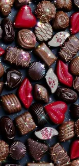 Luxurious chocolate assortment mobile wallpaper with sparkling details.