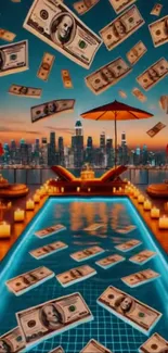 Luxurious cityscape with pool and falling currency