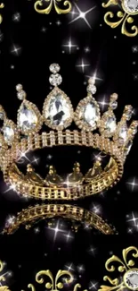 Luxurious gold and diamond crown on black background.