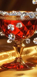 Luxurious crystal chalice with diamonds on golden background.