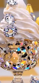 Luxurious ice cream with diamonds in a crystal cup.