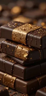 Stacked dark chocolate bars with golden accents.