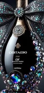 Luxurious jeweled bottle with sparkles on a dark background.