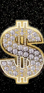 Diamond-encrusted dollar sign with gold outline on a black background.