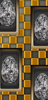 Diamond pattern wallpaper with gold checkered accents.
