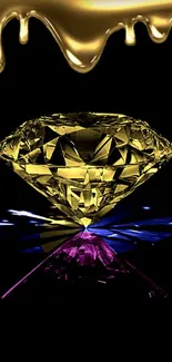 Golden diamond with colorful reflections on a black background.