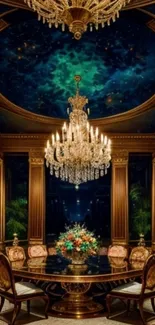 Luxurious dining room with chandelier and starry sky ceiling.