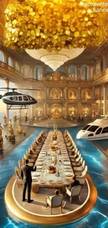 Luxurious fantasy dining scene in a grand ballroom with gold decor.