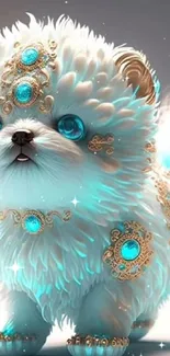 Enchanting fantasy puppy with jewels on blue fur.