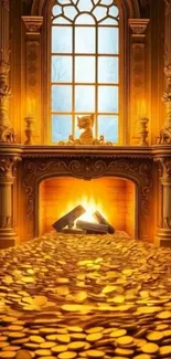 Opulent palace room with a glowing fireplace and golden coins.