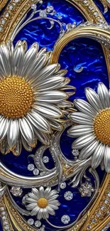 Intricate floral wallpaper with gold and silver daisies on blue background.