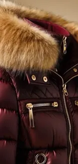 Burgundy jacket with fur hood and zippers.