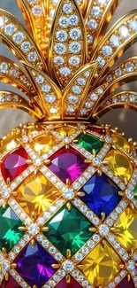 Luxurious gem-encrusted pineapple with vibrant colors and gold details.