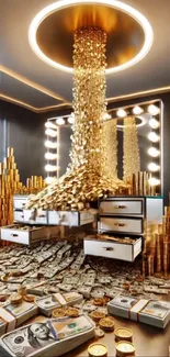 Luxurious setting with gold cascade and cash overflow.