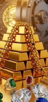 Gold bars and gems in a vault create a luxurious mobile wallpaper.