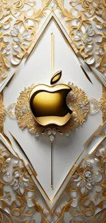 Elegant golden Apple logo with intricate floral design wallpaper.