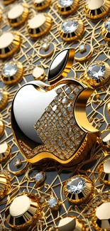 Luxurious gold Apple logo on an ornate background.