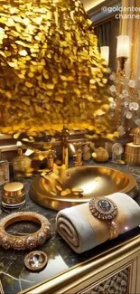 Luxurious gold-themed bathroom decor with elegant details.