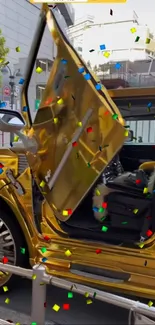 Luxurious gold car with vibrant confetti design.