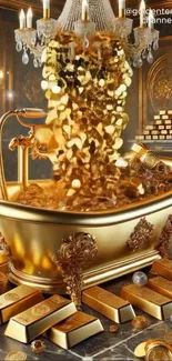 Golden bathtub overflowing with coins.