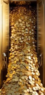 Gold coins cascading from luxurious doors.