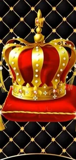 Luxurious gold crown on red cushion, elegant design.