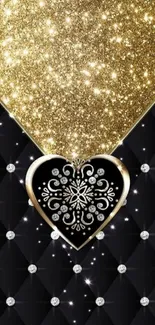 Luxurious gold and black heart design wallpaper with a sparkling effect.