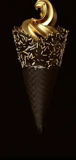 Luxurious gold ice cream cone with sprinkles on a dark background.