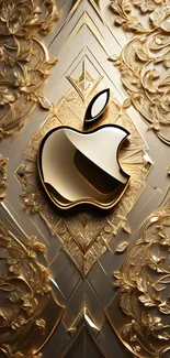 Luxurious gold wallpaper with Apple logo and floral design.