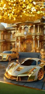 Luxurious gold mansion with high-end cars.