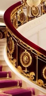 Luxurious gold and burgundy staircase with intricate details.