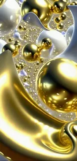 Luxurious golden abstract art with metallic spheres.