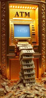 Golden ATM with stacks of cash flowing out against a luxurious backdrop.
