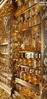 Ornate golden bar shelves with bottles and decor.