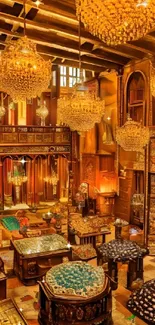 Luxurious golden room with chandeliers and ornate decor.