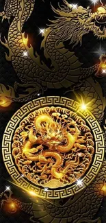 Luxurious golden dragon design on a black wallpaper.