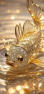 Luxurious golden fish with sparkling details in elegant wallpaper.