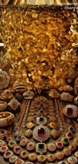 Opulent display of gold jewelry and gemstones.