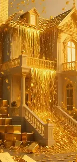 Golden mansion with coins and bars artwork.