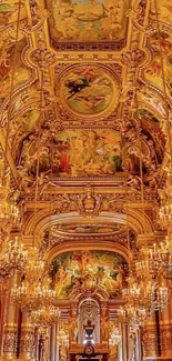 Golden palace ceiling with intricate details and chandeliers.