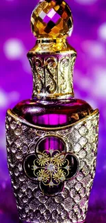 Luxurious golden perfume bottle with intricate details on a purple background.