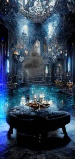 Luxurious gothic palace with chandeliers and blue accents.