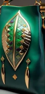 Luxurious green bag with gold detail.