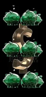 Glossy green piggy banks with dollar sign on black background.