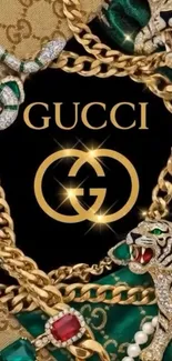 Luxurious Gucci-themed wallpaper with gold and emerald accents.