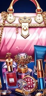 Luxurious pink handbag with beauty products.
