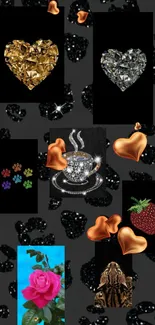 Luxurious wallpaper with hearts and coffee on a patterned background.