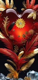 Luxurious red heart with gold feathers wallpaper.