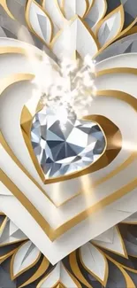 Luxurious geometric heart gem wallpaper with gold accents.