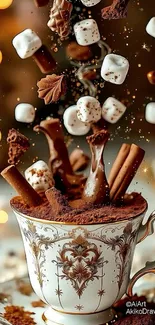 Luxurious cup of hot chocolate with marshmallows and chocolates cascading elegantly.